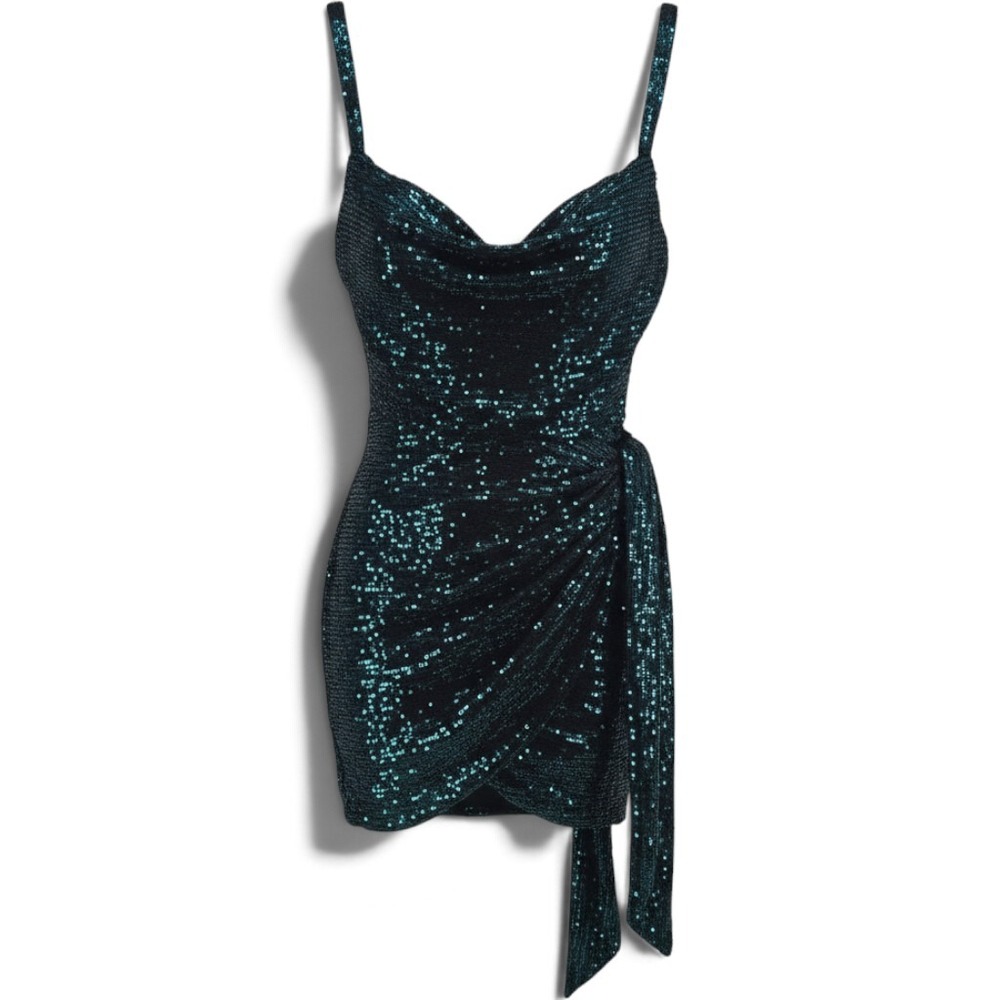 Lucy in the Sky Dress Womens M Sequin Cowl Neck Teal Green Ruched Mini EUC
